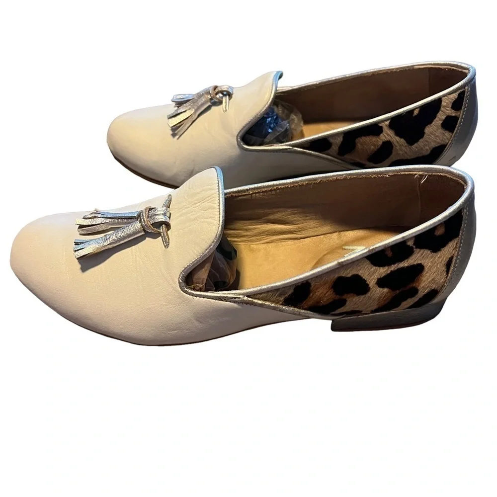 Telma White Leather Loafers Animal Print Silver Heel